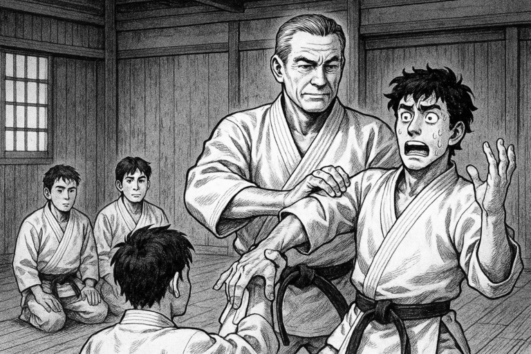A sensei using a one student to teach another a surprising application of a technique.