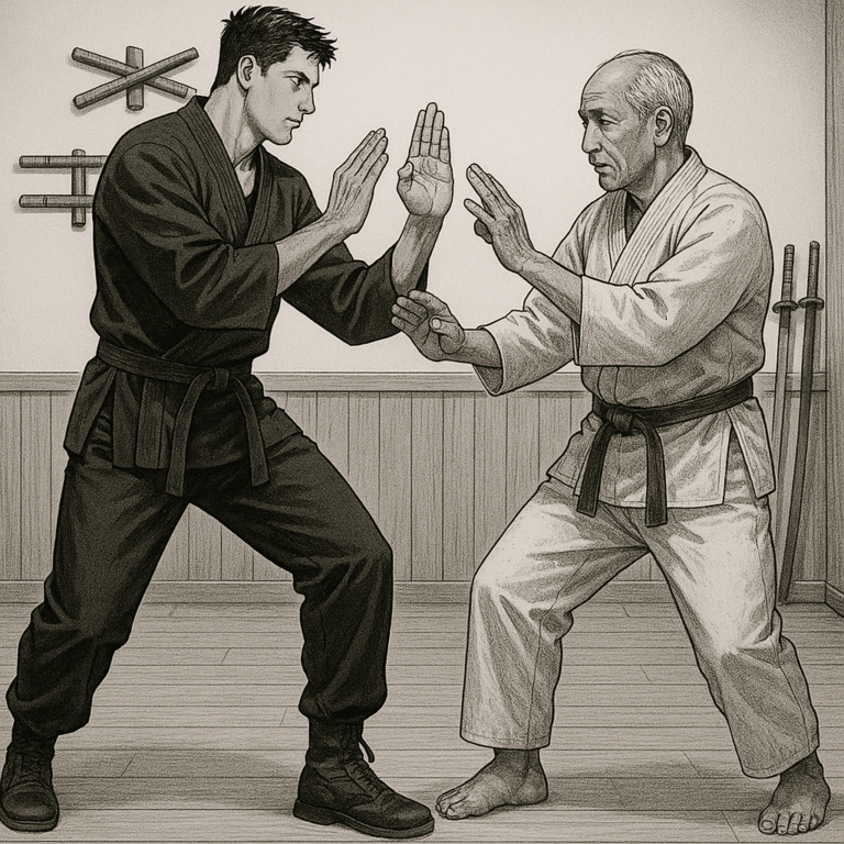 An older sensei works with a determined younger student.