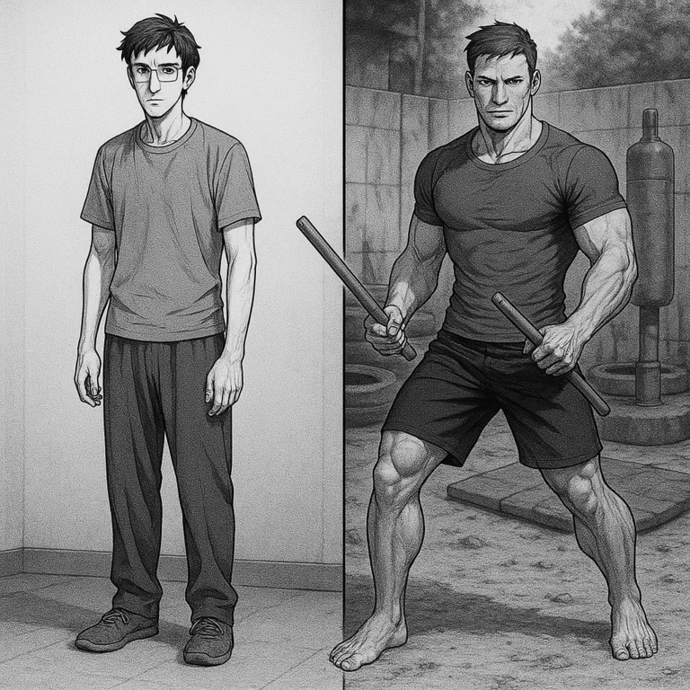 A skinny underweight man does what change requires and is now strong and capable.