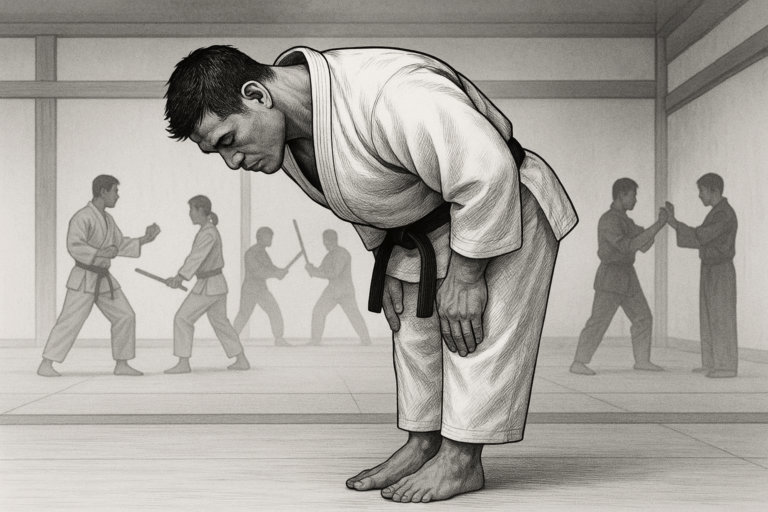 A muscular karateka bowing deeply while dressed in a white gi and wearing a black belt before starting a lesson inside of a dojo.
