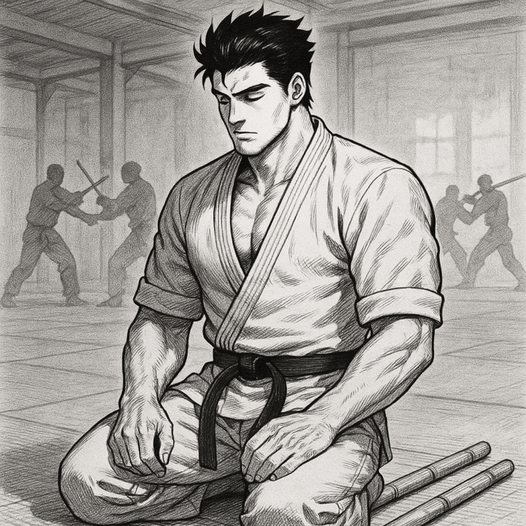 A Karateka in Seiza thinking deeply about his reasons for training.