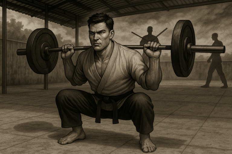 A karateka in a gi low-bar squatting with a barbell and plates loaded across his back. An open air dojo in the background.