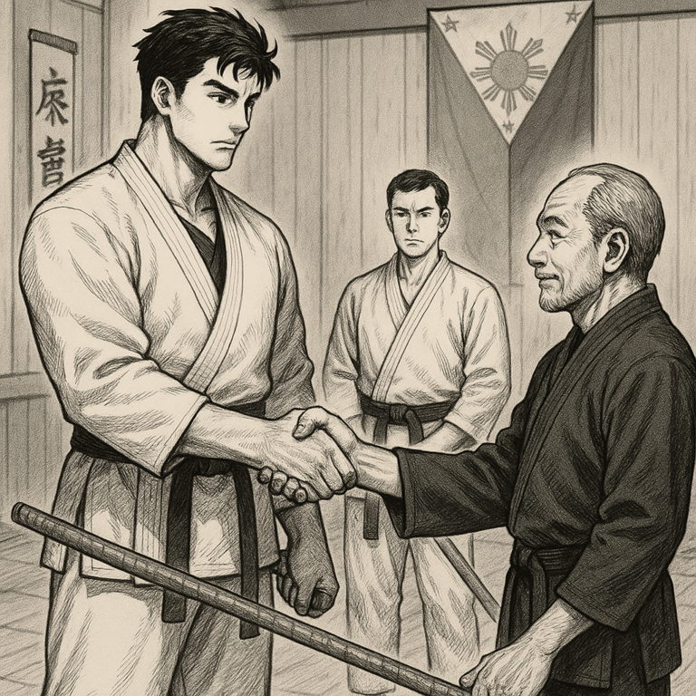 A Karateka shaking hands with his master after many years of training.