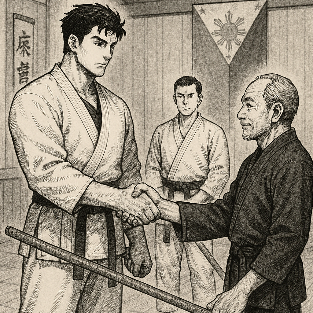 A Karateka shaking hands with his master after many years of training.