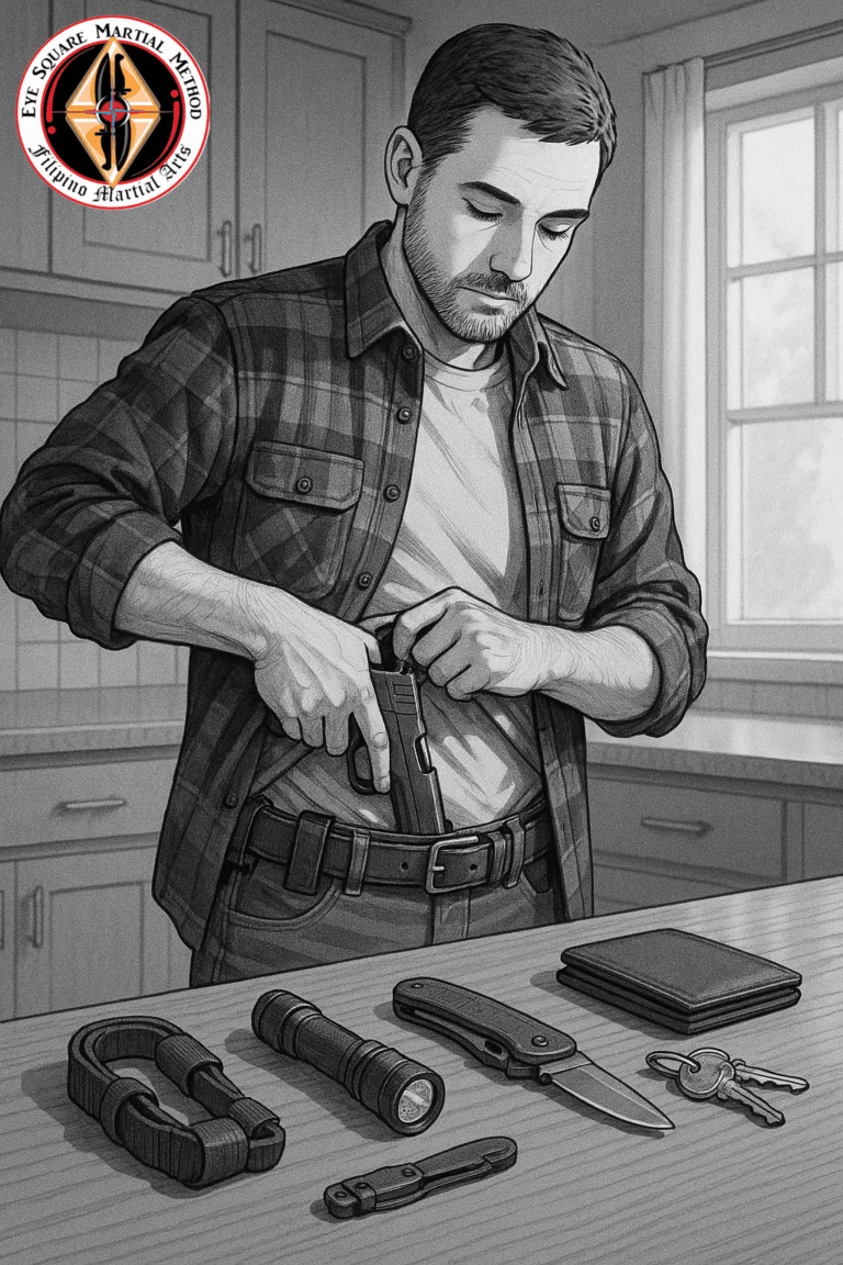 A man preparing his everyday carry before leaving his home.