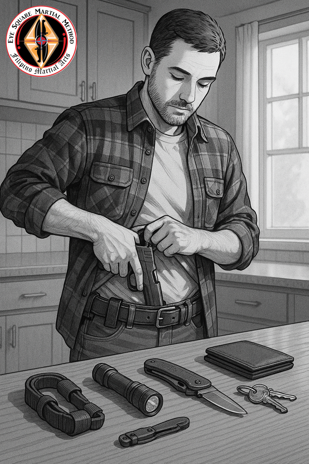 A man preparing his everyday carry before leaving his home.