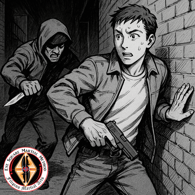 A knife wielding attacker chasing a man who is pulling a concealed pistol.