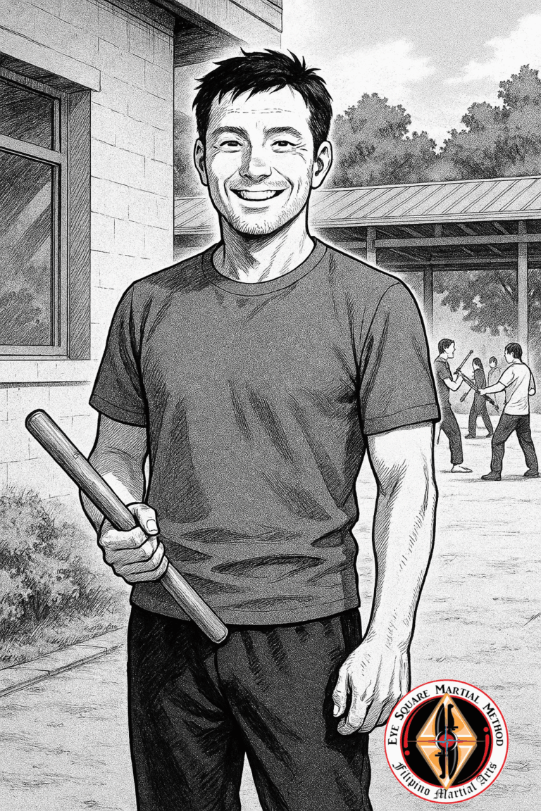 A middle aged man with a stick smiling after a workout.