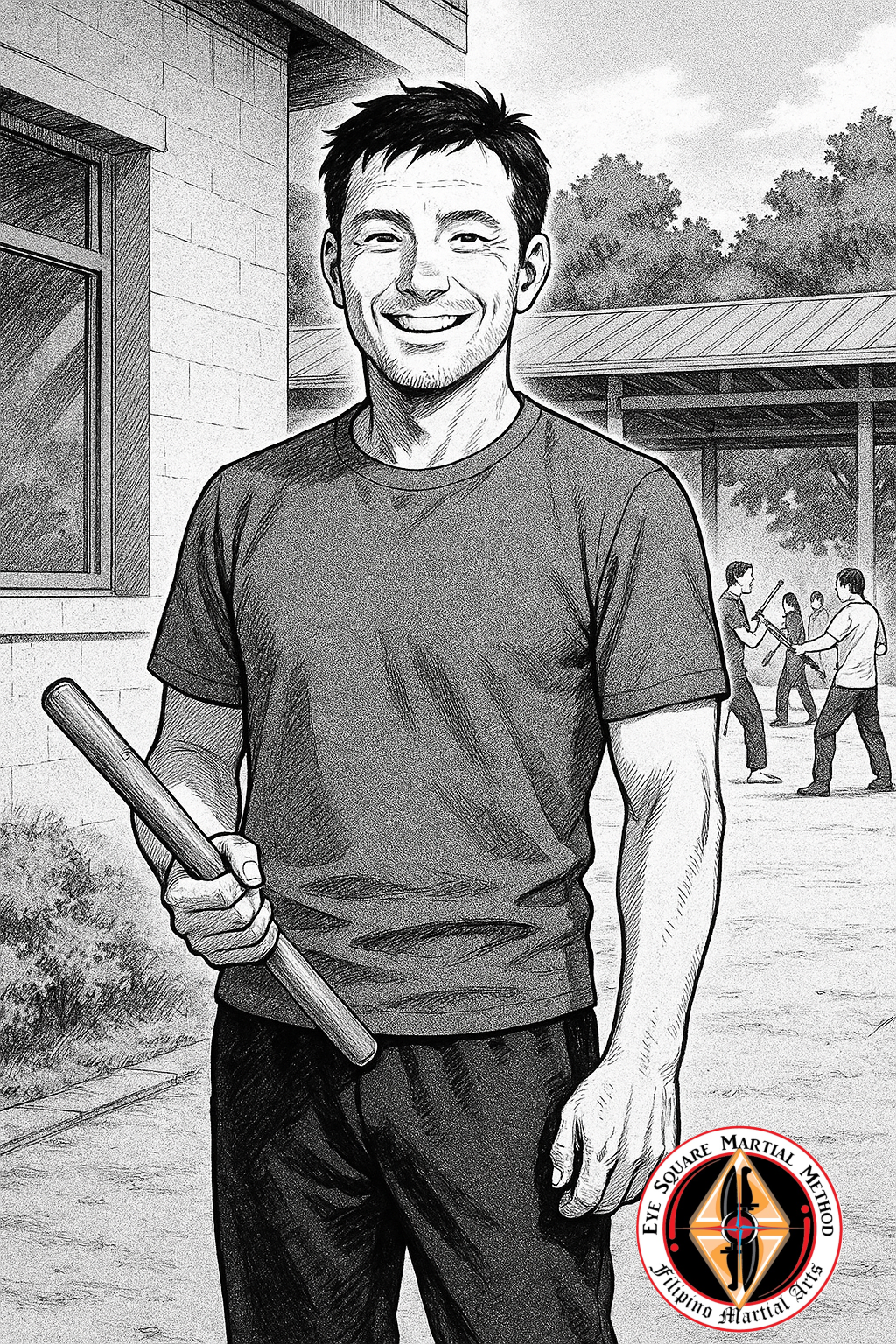 A middle aged man with a stick smiling after a workout.