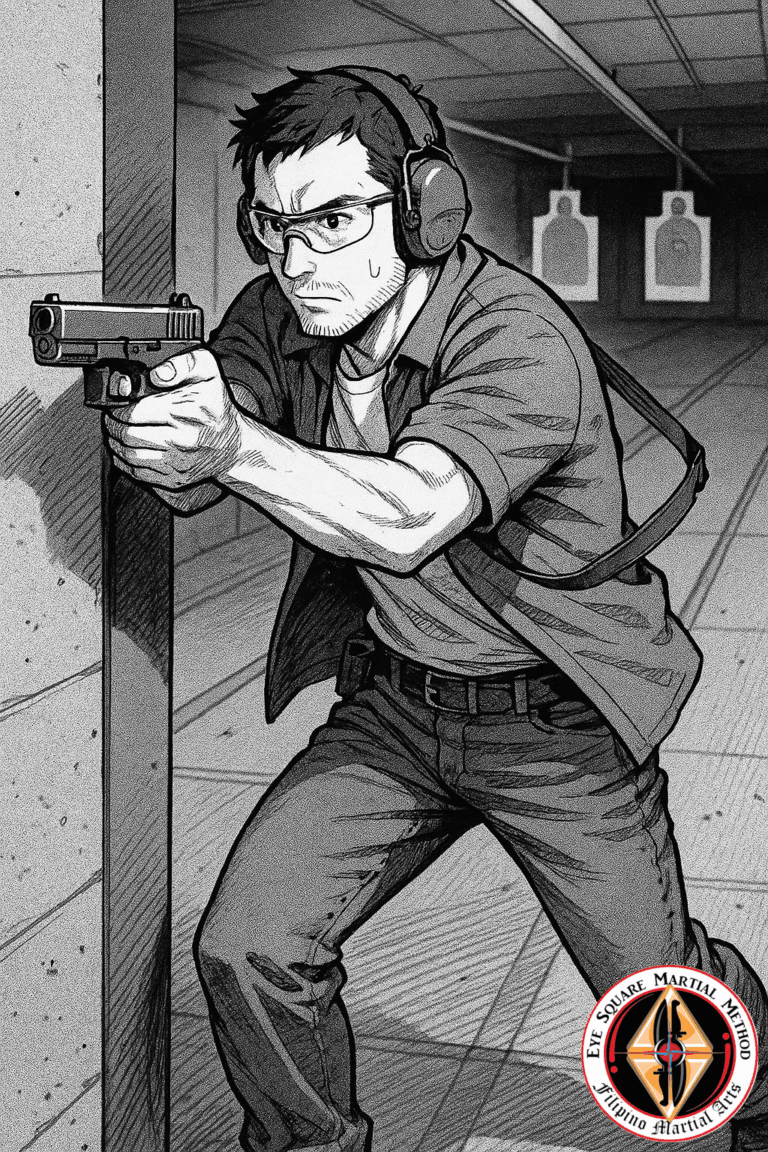 A man training with a firearm on a firing range.