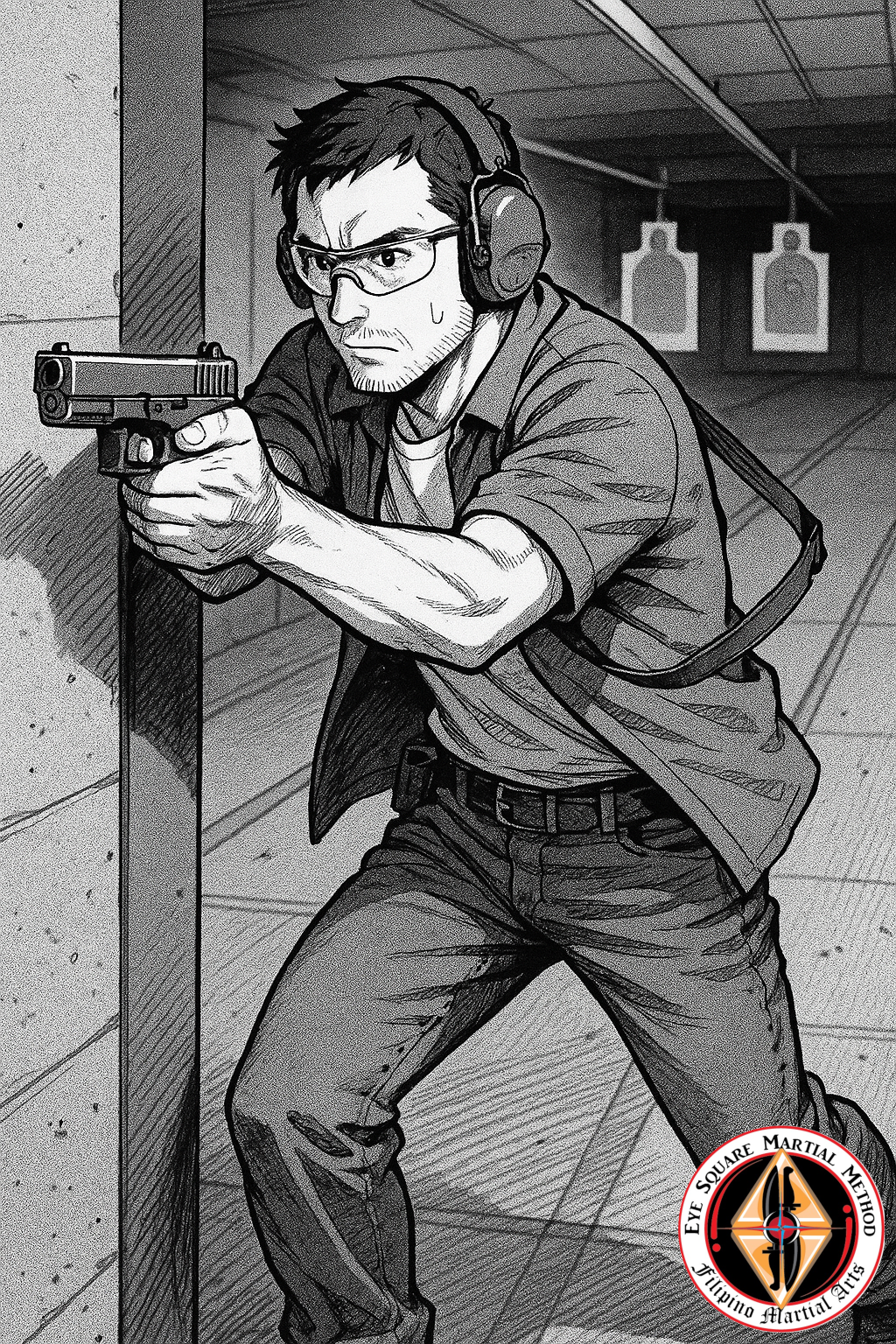 A man training with a firearm on a firing range.