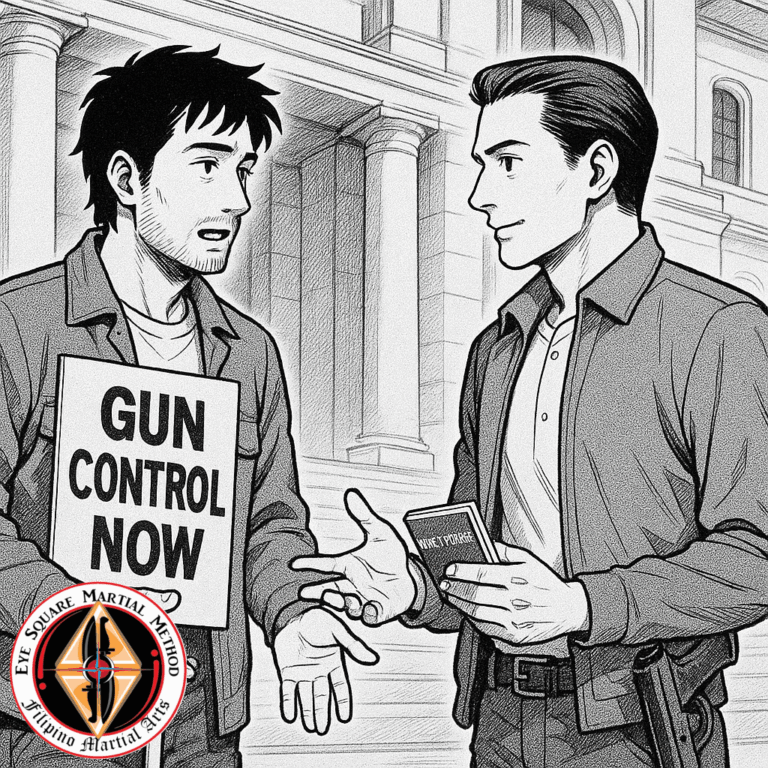 A peaceful discussion between someone carrying a firearm and someone advocating for gun control.