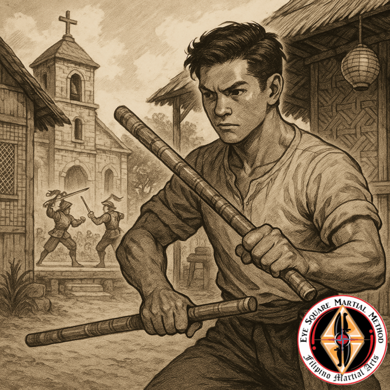 A young Filipino training with sticks, a Spanish church and Moro Moro play in the background