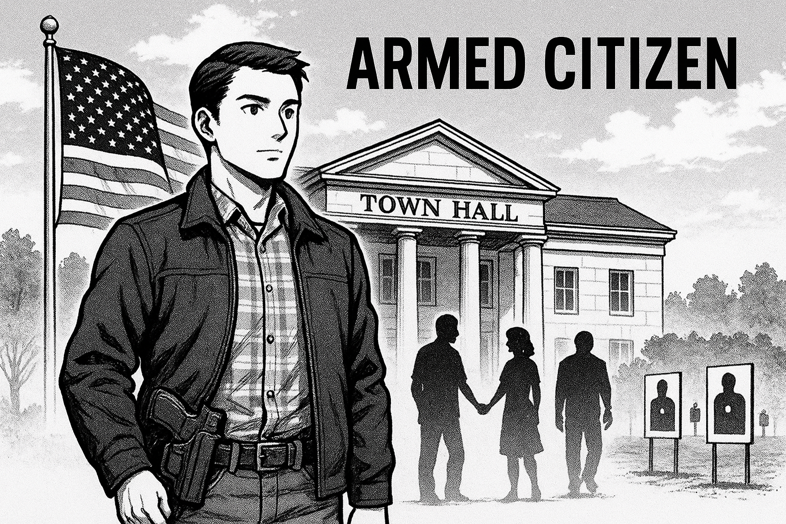 An armed citizen standing in front of a town hall.