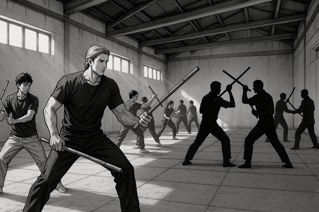 A group training in a hall with sticks.