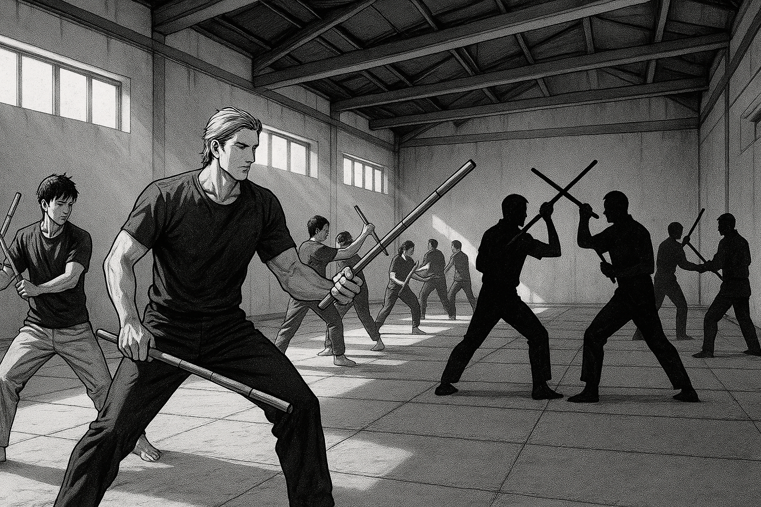 A group training in a hall with sticks.