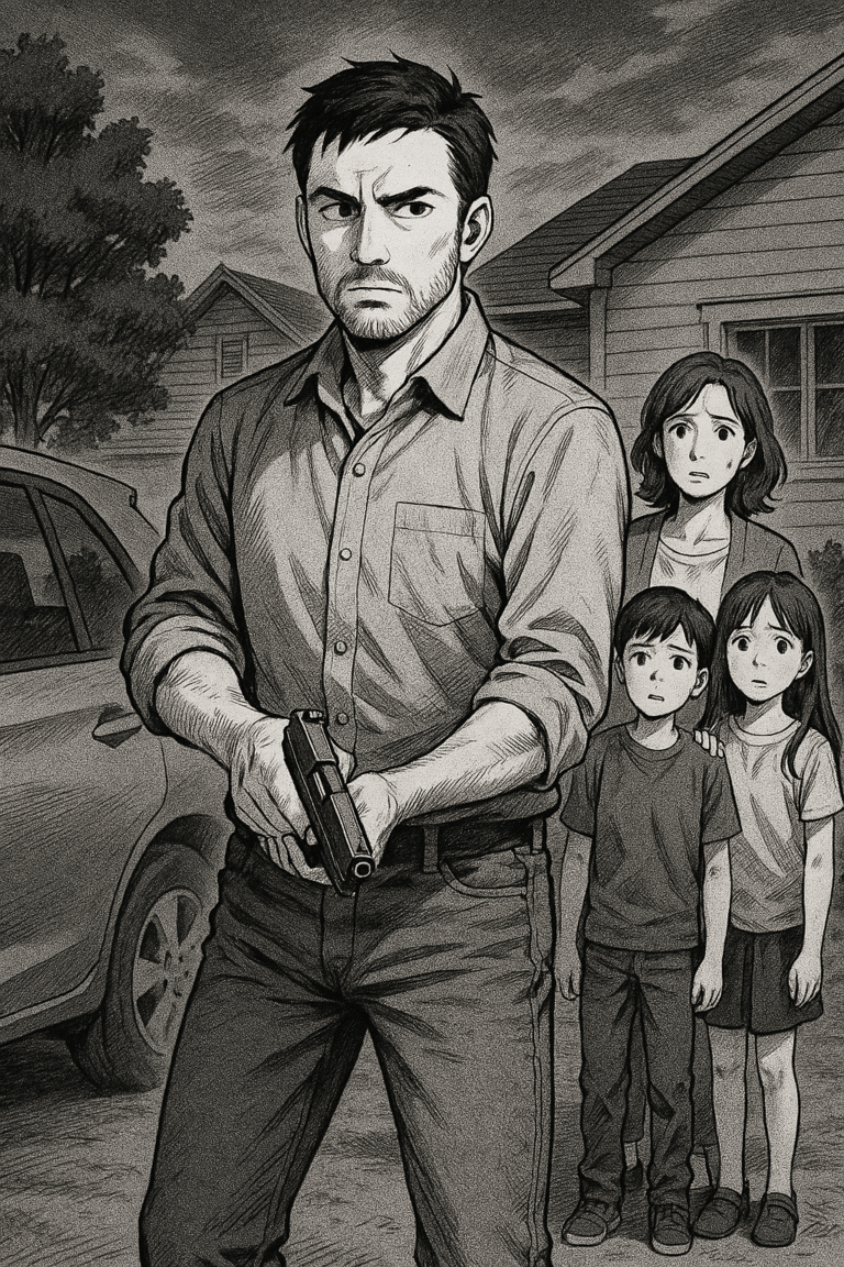 A man holding a pistol, standing in front of his family in the face of a threat