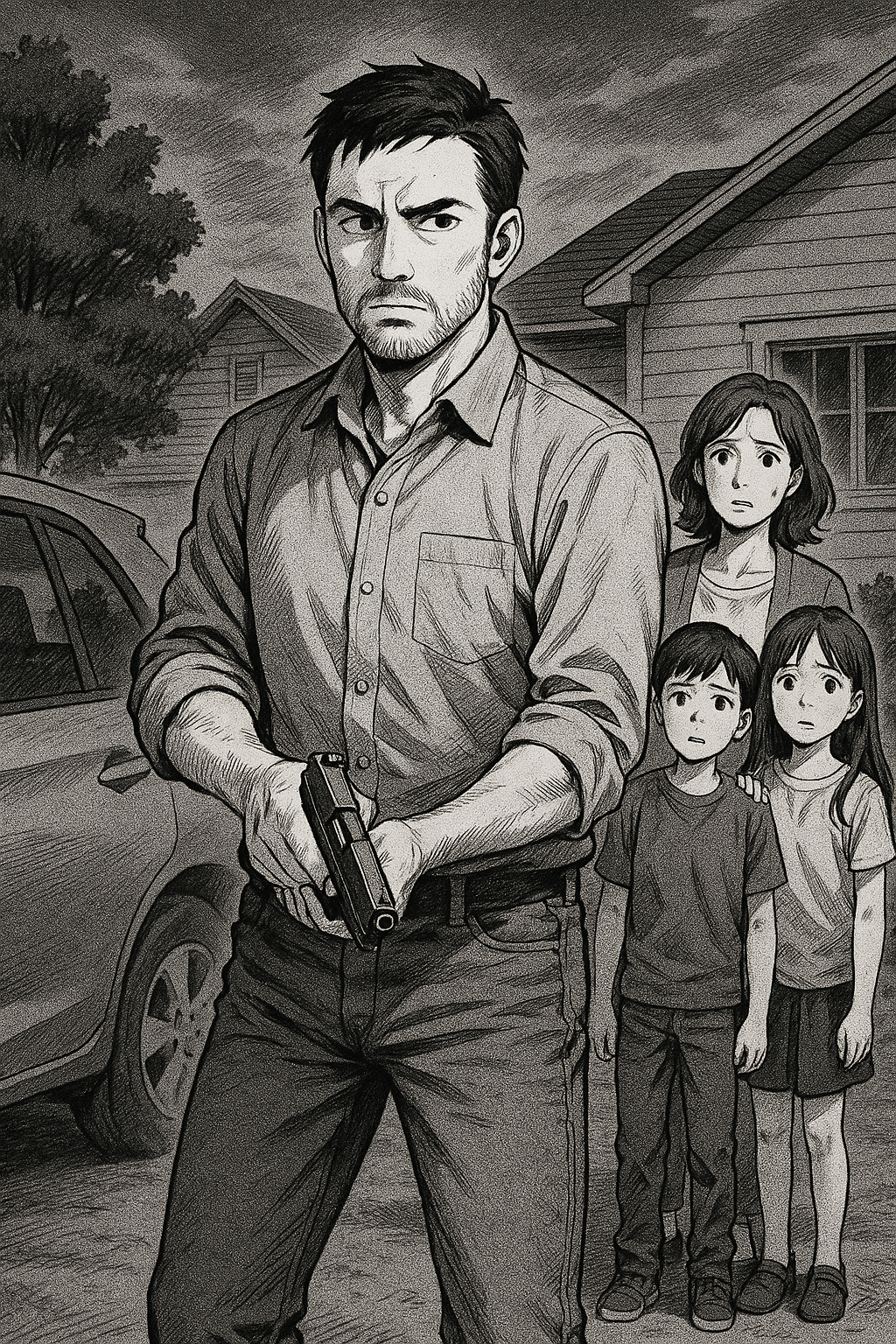 A man holding a pistol, standing in front of his family in the face of a threat