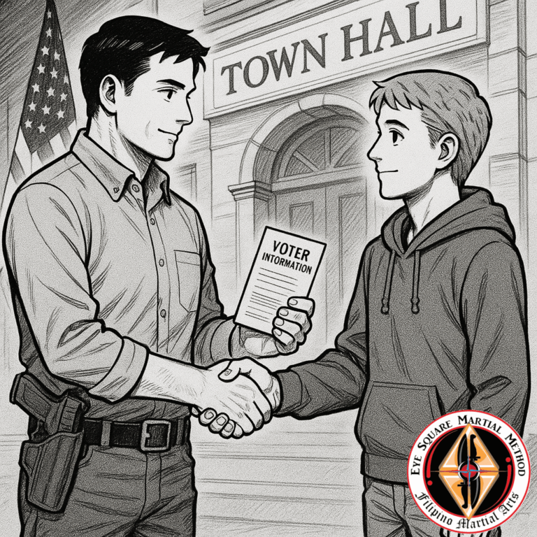 A gun owner giving information to a young voter while shaking hands.