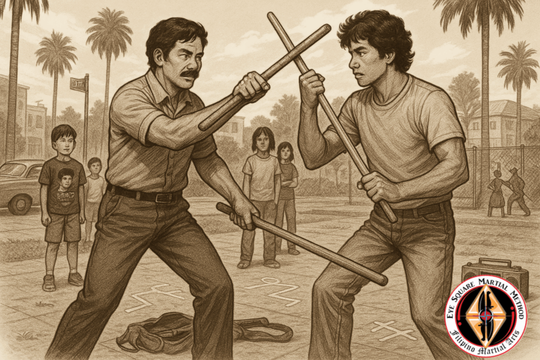 Two people training with sticks in the 1970s.