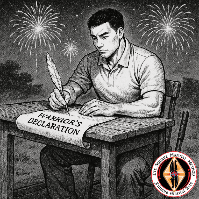 A man writing a Warrior's Declaration on the 4th of July with fireworks in the background.