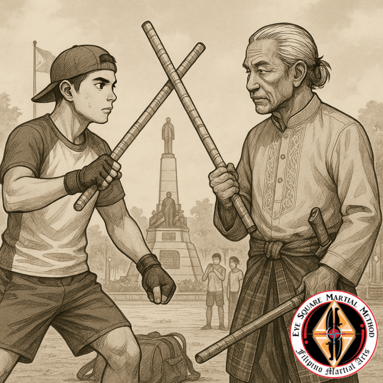 A young man in sport attire, training with an old man in traditional Filipino attire.