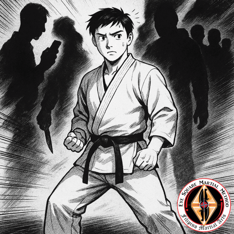 Karateka standing amongst many shadow opponents.