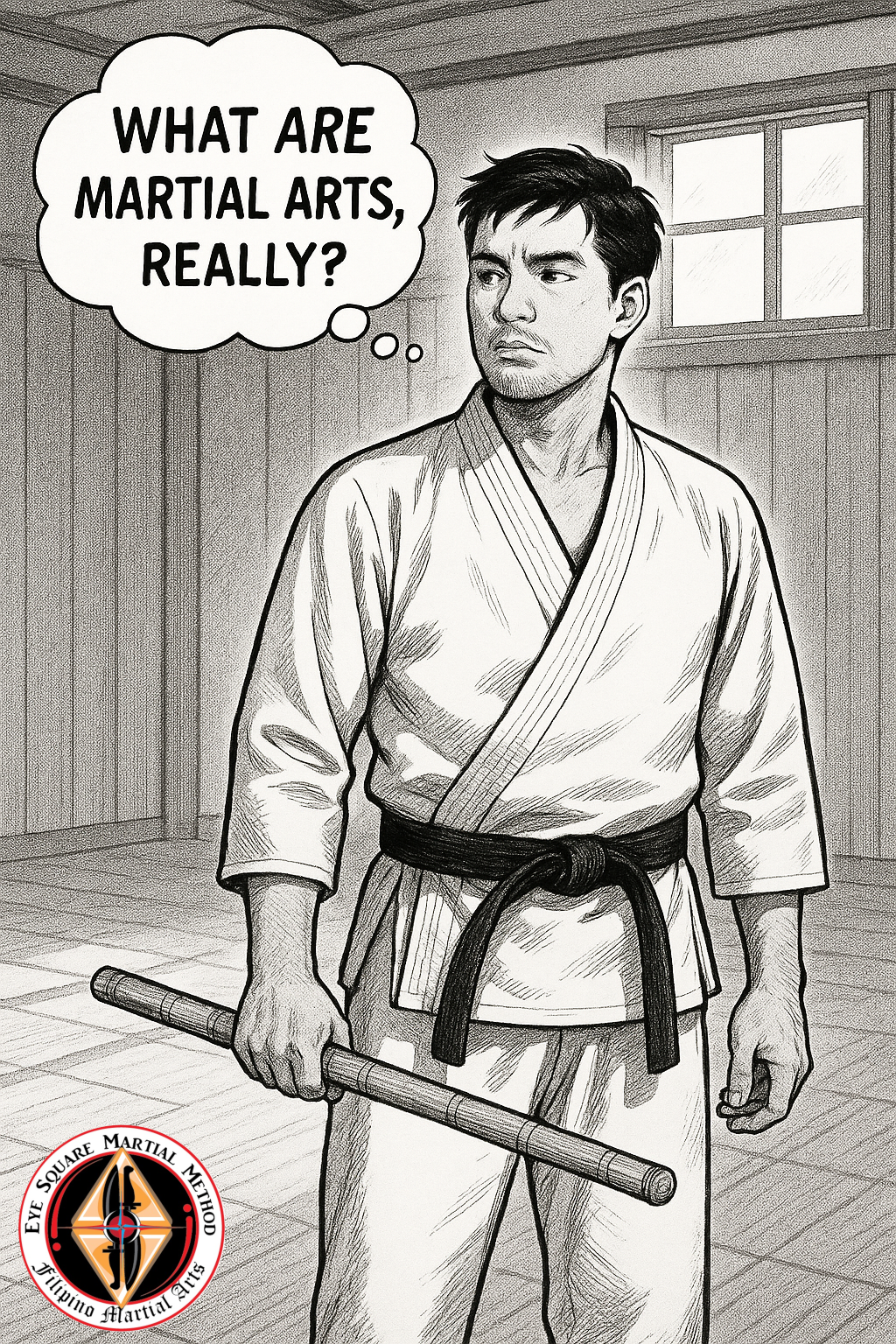 A karateka standing in a dojo holding a stick thinking to himself "What are martial arts really?"